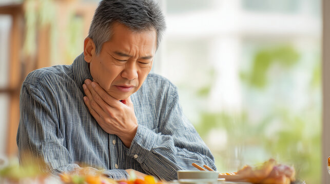 Mature man experiencing severe sore throat while eating at home, holding his neck in pain. Concept of swallowing difficulty, throat infection, acid reflux, healthcare and medical symptoms.