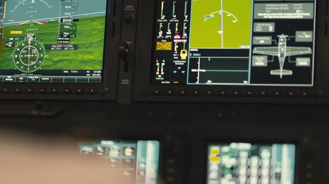Pilot navigating aircraft using modern glass cockpit avionics
