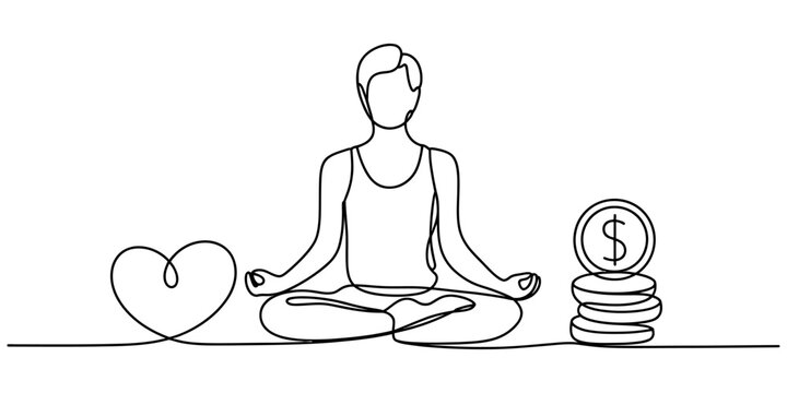 Continuous one line drawing of a person meditating in lotus pose with a heart symbol and a stack of money coins representing financial peace and wellness Vector, illustration