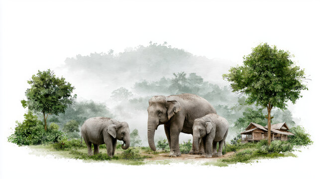 Elephant family nature forest wildlife green trees animal mammal jungle adult baby wild habitat outdoor tropical grass landscape watercolor style