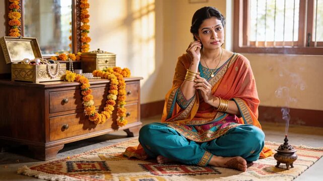 Glancing at mirror woman in teal tunic lifting earrings inspecting henna fastening bangles at home