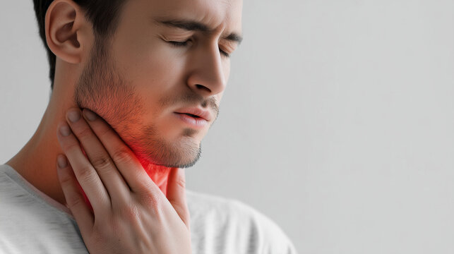 Young man suffering from sore throat and neck pain, highlighting inflammation, infection symptoms, healthcare, medical diagnosis and respiratory illness concept.