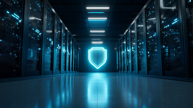 Modern data center corridor with glowing digital security shield symbol. Cybersecurity, network protection, cloud computing, secure servers and data protection concept.