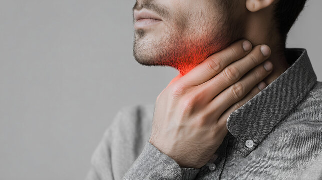 Young man holding painful throat with highlighted inflamed area. Sore throat, infection, thyroid pain, swallowing difficulty and healthcare concept.