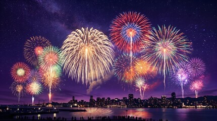 Obraz premium Independence day panorama of colorful fireworks over a city skyline