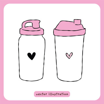 Pink gym water bottle and protein shaker vector illustration set, cute fitness shaker cups with heart doodle, kawaii gym gear clipart