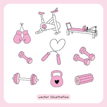 Pink fitness equipment vector illustration set, cute gym workout icons with pilates reformer, spin bike, dumbbells, boxing gloves, and kettlebell clipart bundle