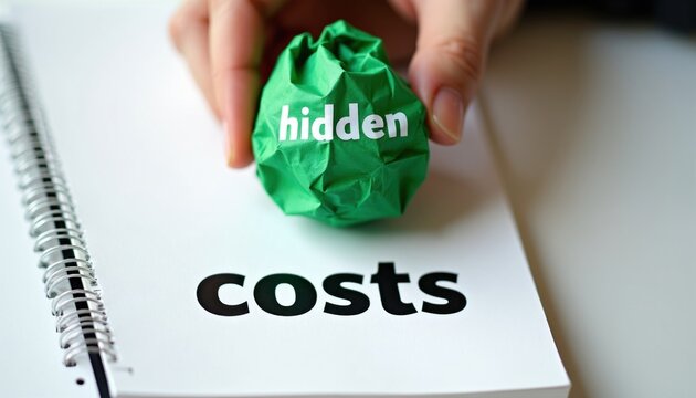 Hand holds crumpled green paper with word hidden over notebook page. Notebook displays the word costs. Concept for unexpected expenses and financial surprises.