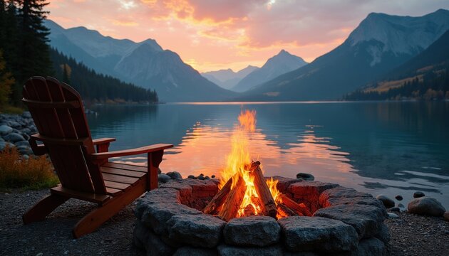 Wooden chair sits near burning campfire on rocky lake shore. Mountains rise over calm water at sunset. Forest lines the distant coast. Peaceful autumn evening scene.