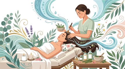 Naklejka premium A woman receiving a relaxing natural hair mask treatment in a spa salon.