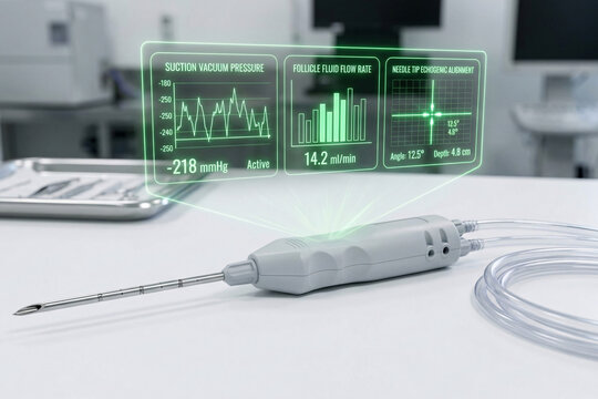 Aspiration ovum pick-up needle tool with holographic follicle diameter monitoring and fluid suction pressure tracking