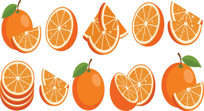 Fresh orange vector illustration set with whole fruit leaves half cut slices and detailed juicy citrus wedges isolated on white background clipart