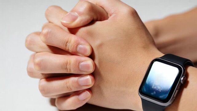 Holding interlaced hands, forearms shifting on white tabletop, with smartwatch display changing