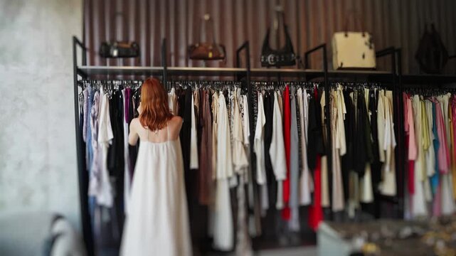 Redhead woman shopping choosing clothes in a fashion boutique