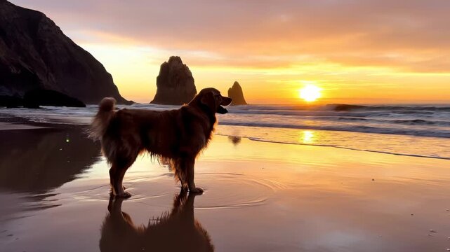 A golden retriever standing on a wet reflective beach during a vibrant sunset with large sea stack rock formations in the background and its reflection visible on the wet sand.