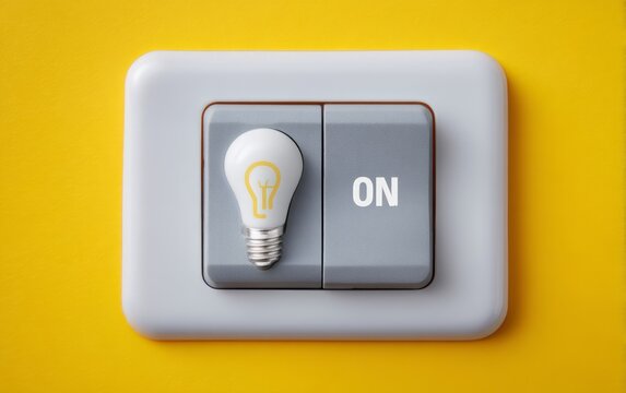 Light Bulb and Power Button Switch on Yellow Background