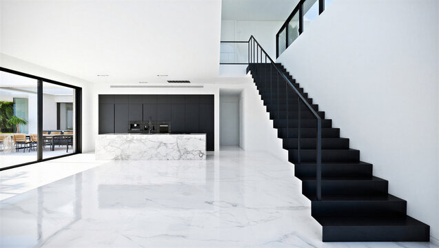Minimalist luxury interior design featuring modern black staircase and white marble kitchen