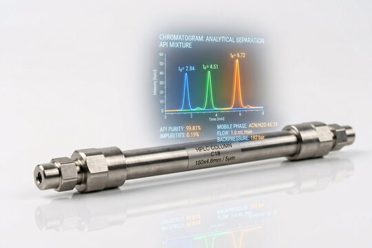 High performance liquid chromatography HPLC column with holographic chemical peak separation and retention time graph