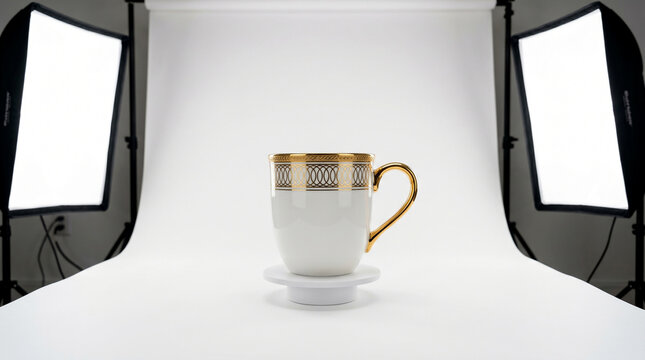 Luxury white and gold teacup on saucer with softbox lights