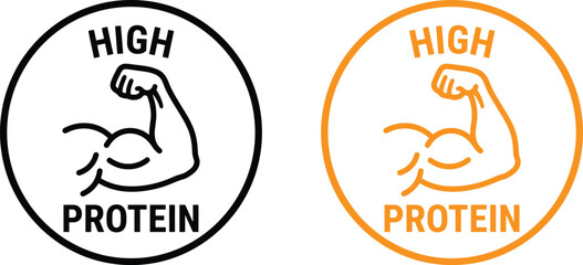 High protein circle icon set with a flexed arm symbol for healthy food and fitness labels © Tareq's ART
