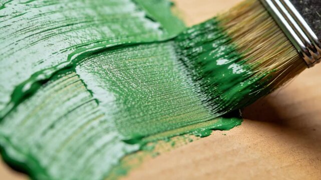 Dragging flat brush metal ferrule natural bristles on table pulling paint from patch to smooth area