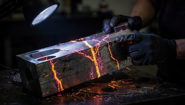 Detailed medium shot showing UV lighting illuminating dye penetrant marks on a steel piece during nondestructive testing emphasizing glowing areas and obscured background elements.