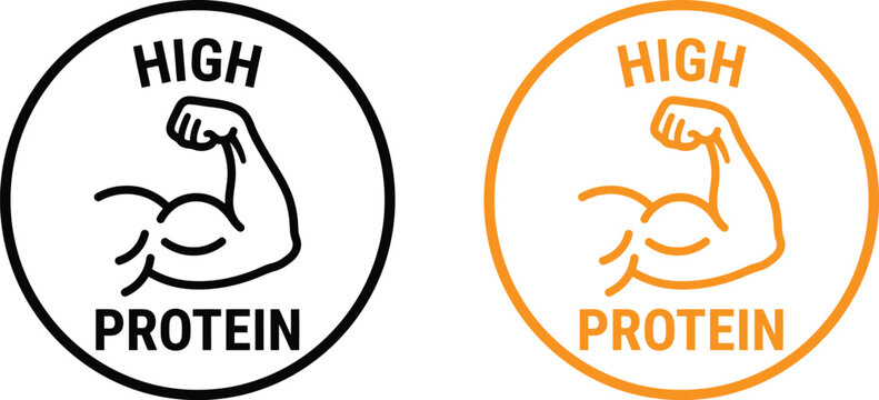 High protein circle icon set with a flexed arm symbol for healthy food and fitness labels