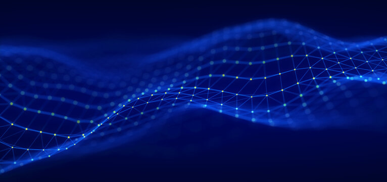 Blue glowing network wave on dark background. Digital mesh made of connected nodes, thin polygon lines and soft bokeh depth for technology, data transfer and communication design.
