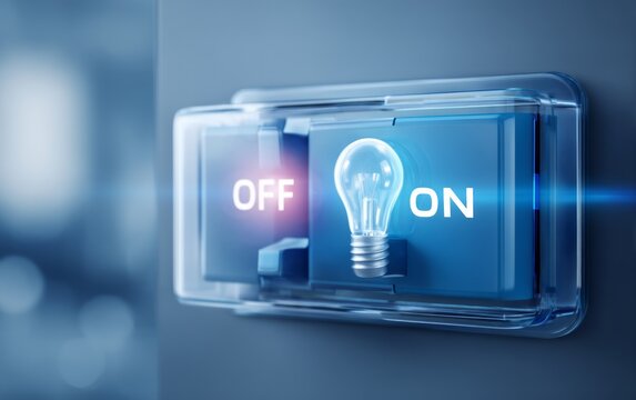 Modern Light Switch Panel with ON and OFF Buttons and Lit Lightbulb Icon