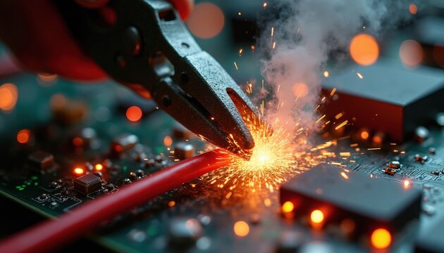 Pliers cut red wire near blurred circuit board. Sparks and smoke fly from hot metal tool. Electrical repair process, danger, energy discharge. Closeup shot of technician work.