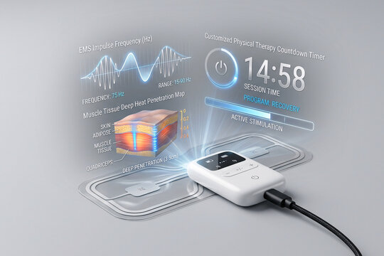 Portable electronic muscle stimulation EMS unit with holographic pulse width frequency curves and channel intensity metrics