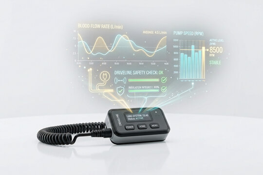 Portable VAD heart pump external control unit with holographic ventricular assist flow waveforms and battery power logging