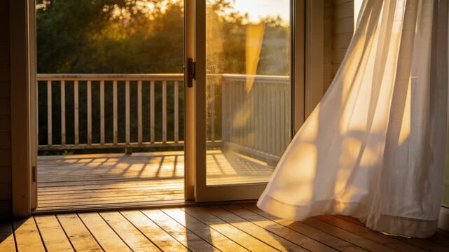 Billowing sheer white curtain responding to gust from open sliding glass door at deck, copy space