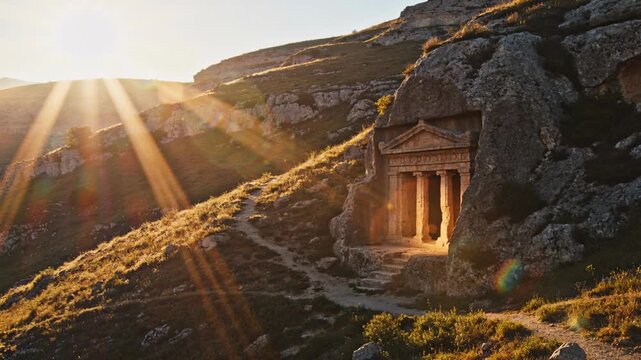 Bathing carved rock temple facade, low sun sending rays, lens flare sweeping hillside, copy space