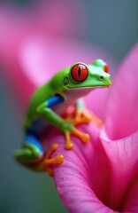 Obraz premium Green tree frog with bright red eyes rests on delicate pink flower petal. Tiny amphibian displays vibrant blue, yellow markings on body, gripping petal with orange feet. Macro shot captures creature