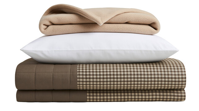 Stacked bedding beige fleece blanket white pillow, brown gingham quilt