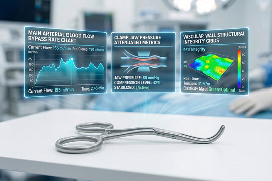 Stainless steel surgical vascular clamp forceps tool displaying a holographic blood vessel occlusion pressure map