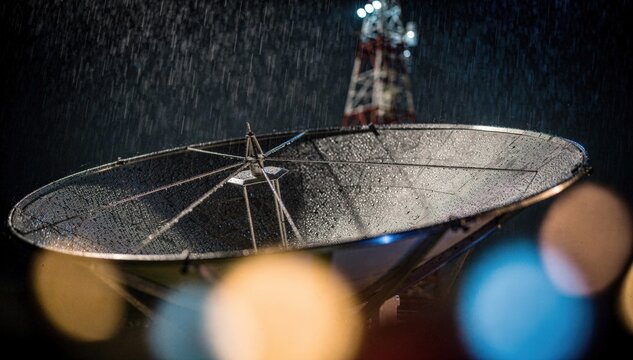 Focused parabolic dish coated in gentle raindrops with soft bokeh studio lights in the foreground and a distant diffused transmission tower silhouetted in the night rain.