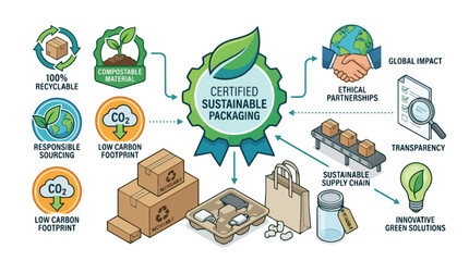 Fototapeta premium Infographic showing certified sustainable packaging practices and eco-friendly business solutions.