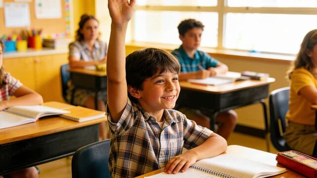 Teacher asking, student in plaid raising hand, answering in classroom with notebook and red case