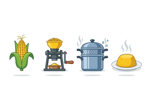 Cornmeal Processing Stages Illustration: From Raw Cob to Cooked Meal Vector