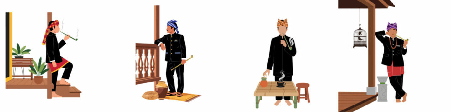 Set of illustrations depicting Indonesian men in traditional Javanese attire smoking pipes and relaxing in various vintage settings