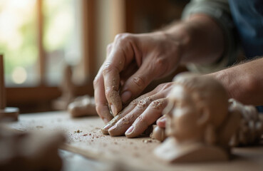 Fototapeta premium Artist hands shape wet clay creating sculpture in studio workshop. Sculptor uses fingers molding artwork on table. Craftsmanship process, pottery art.