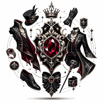 Elegant Gothic Royal Vampire Fashion Set with Black and Red Ornate Accessories, Crown, Top Hat, Coat, and Ruby Jewelry Isolated on White Background