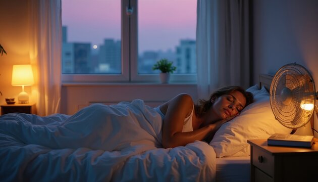 Woman slepic in bed at night. Fan blows air to cool her during summer heat. City lights visible outside window. Room has lamp and bedside table.