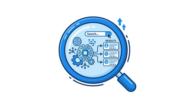 Magnifying glass over AI search results, concept of data analysis and intelligence