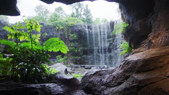 Scenic waterfall inside a rock cave with green plants