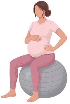 Simple Minimalist Illustration of pregnant woman doing yoga ball