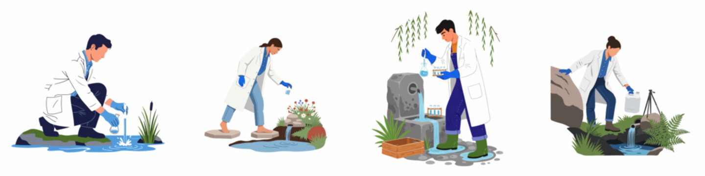 Set of illustrations featuring scientists in lab coats taking water samples from natural sources for environmental analysis and quality testing.