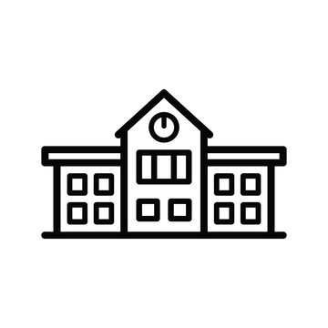 School building line art icon symbolizing education, learning, and knowledge at academic institutions, depicting a simple structure with a roof, windows, and a clock